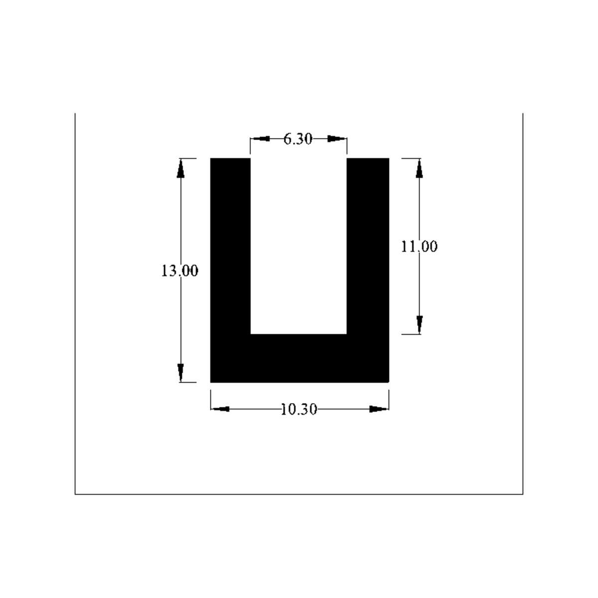 Cross-section diagram of U-channel profile, 13.00mm high x 10.30mm wide dimensions shown