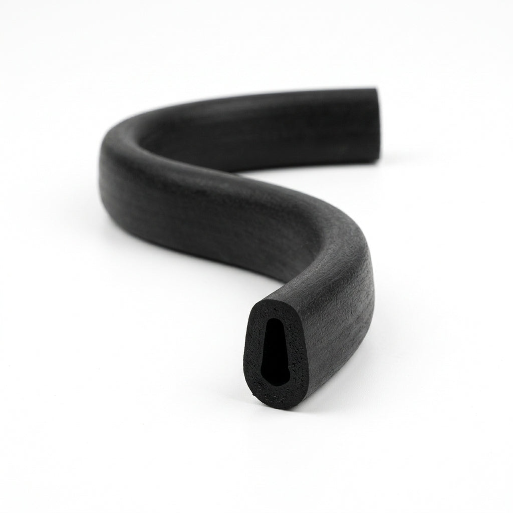 Black EPDM U-channel profile coiled, S-curved length showing teardrop-shaped groove