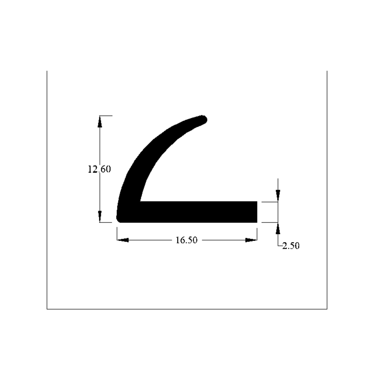 Cross-section diagram of hooked angle sealing strip, 16.50mm x 12.60mm, 2.50mm wall
