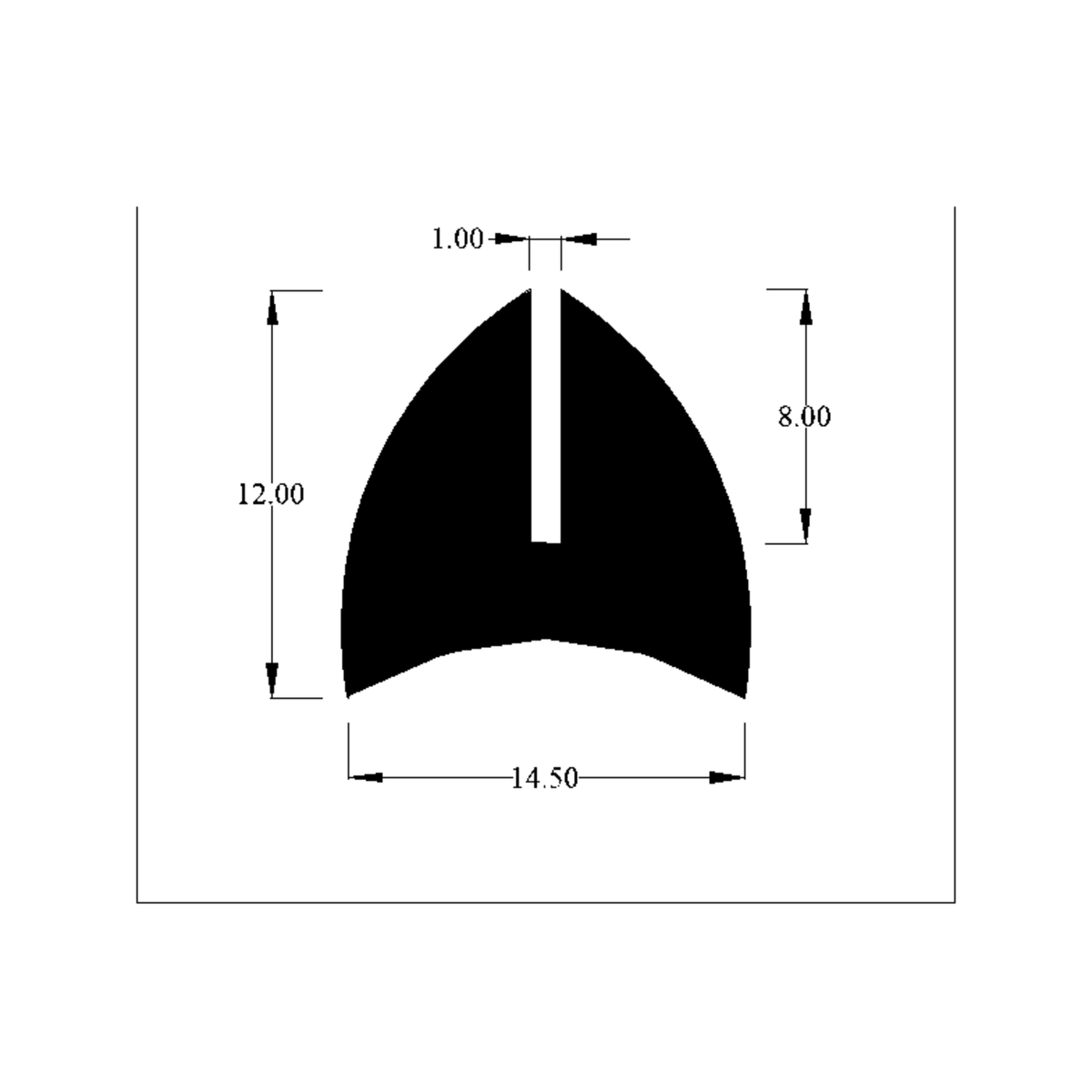 Cross-section diagram of winged U-channel seal, 12.00mm high x 14.50mm wide dimensions shown