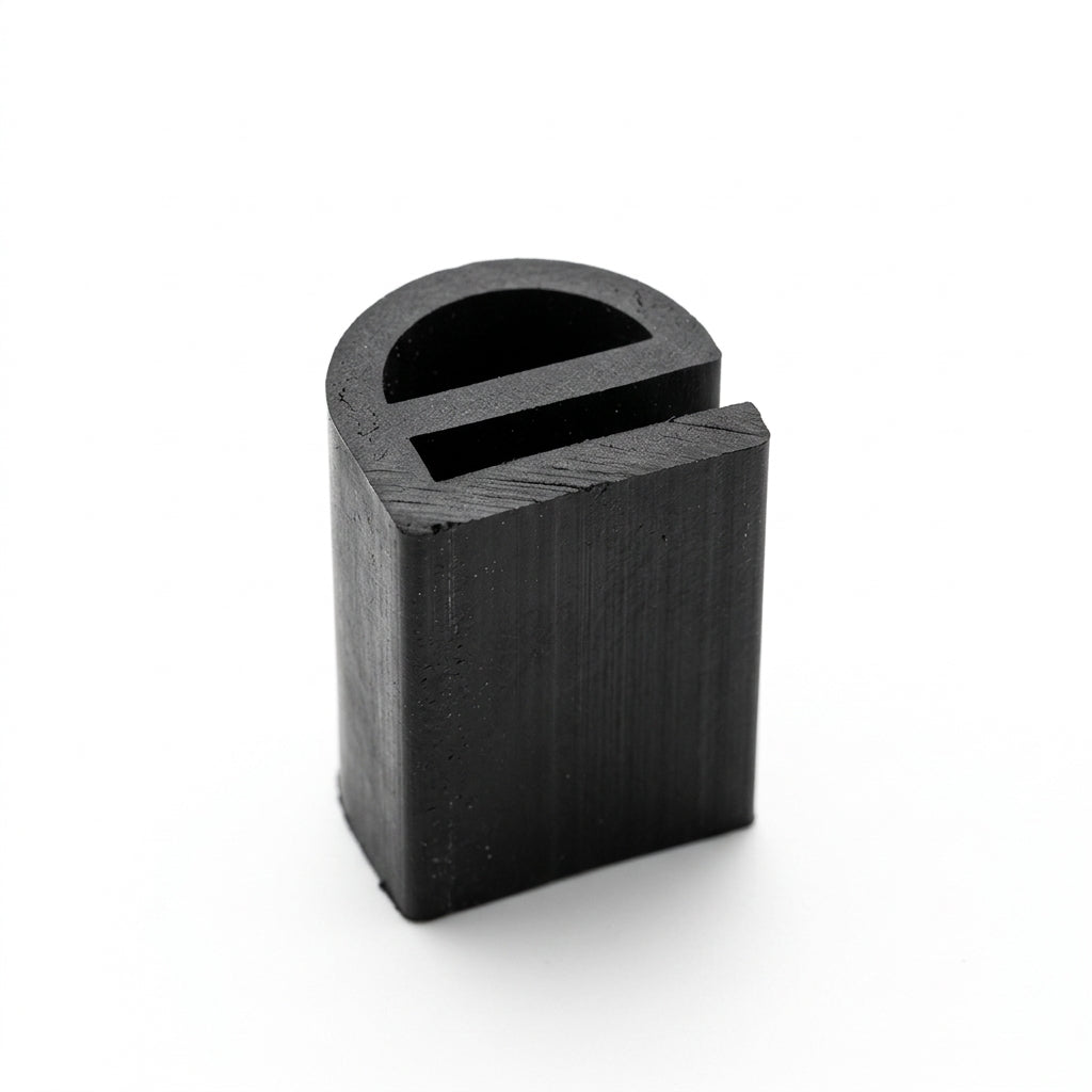 Studio shot of a cut length of black rubber D-section seal standing upright on its barbed base.