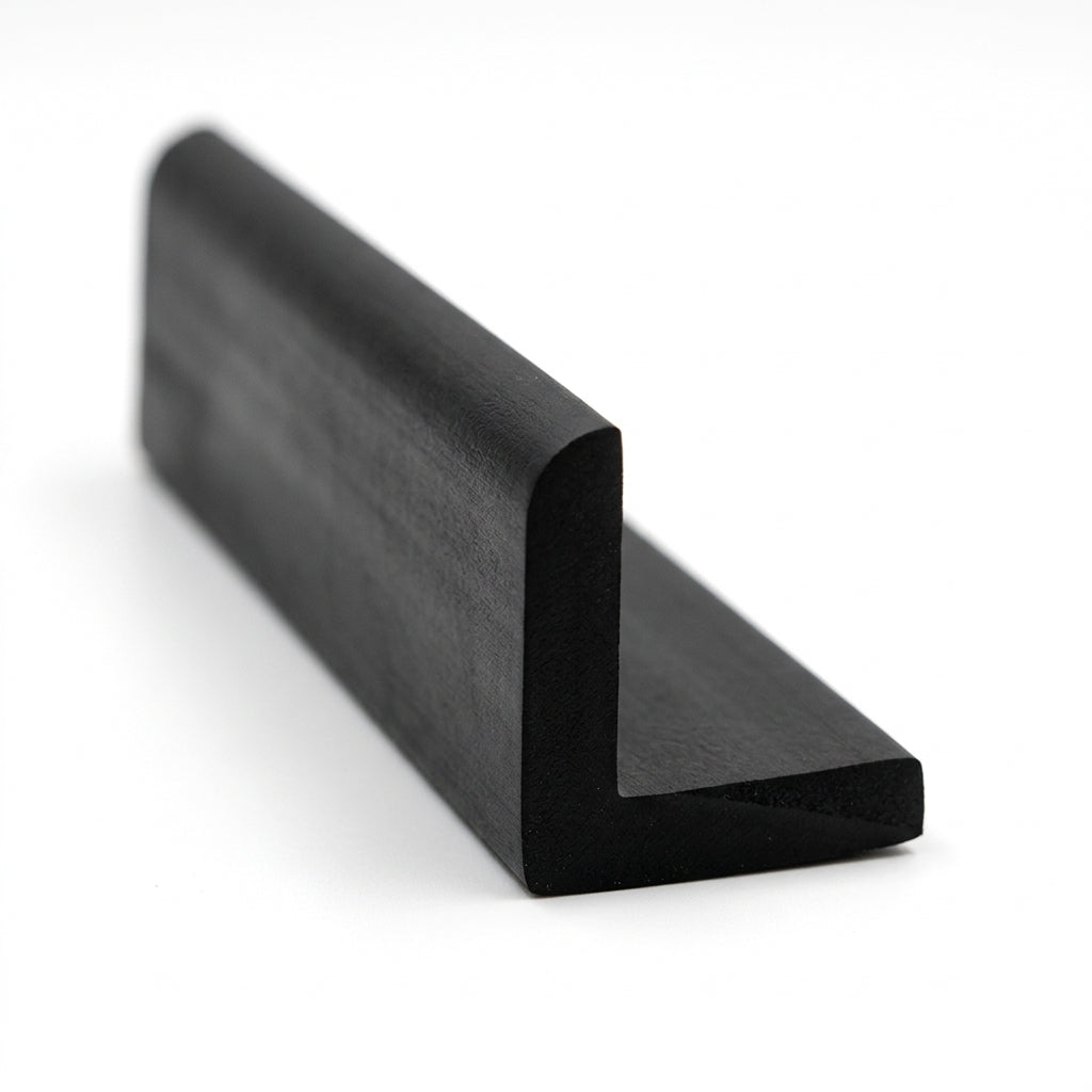 Short length of black rubber L-profile extrusion, angled studio shot