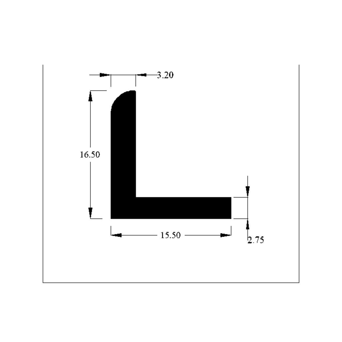 Cross-section diagram of L-shaped rubber profile, 15.50mm x 16.50mm, 2.75mm wall