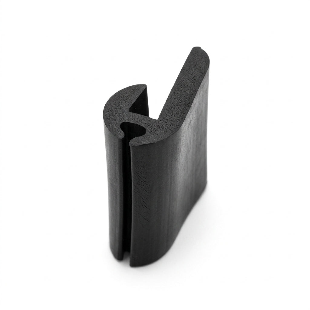 Black EPDM U-channel profile standing upright, asymmetric hook-shaped cross-section visible