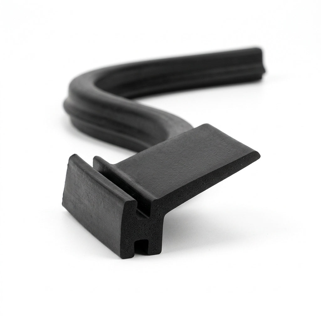 S-curved length of black rubber T-section with angled flap and slotted base
