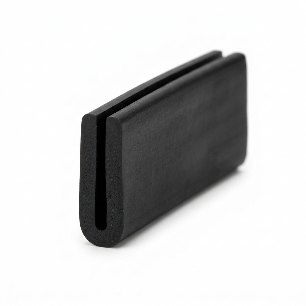 Black EPDM U-channel seal standing upright, flat rectangular profile with narrow groove