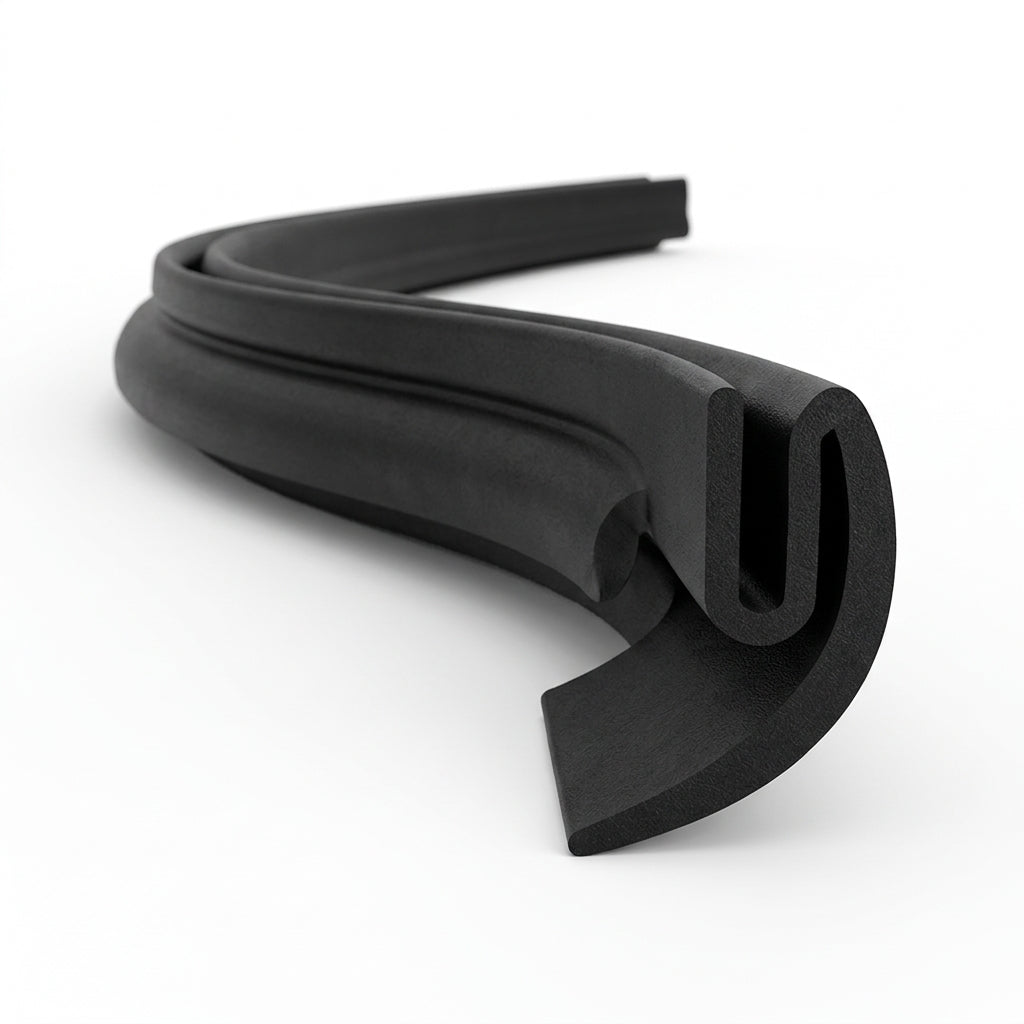 Black EPDM U-channel profile coiled, curved tail end visible in close-up