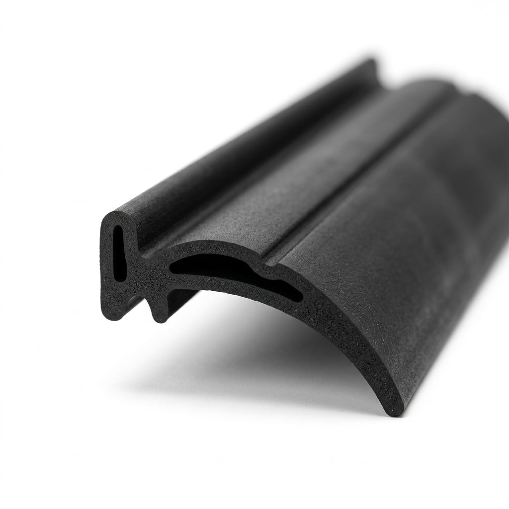 Black rubber T-section extrusion with a curved wing, angled studio shot
