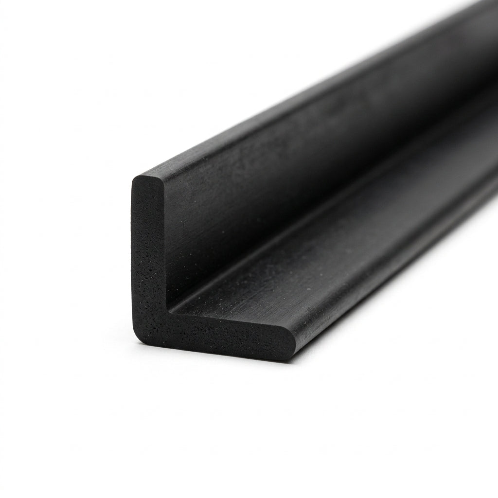 Black rubber angle profile in an L-shaped cross-section, angled studio shot