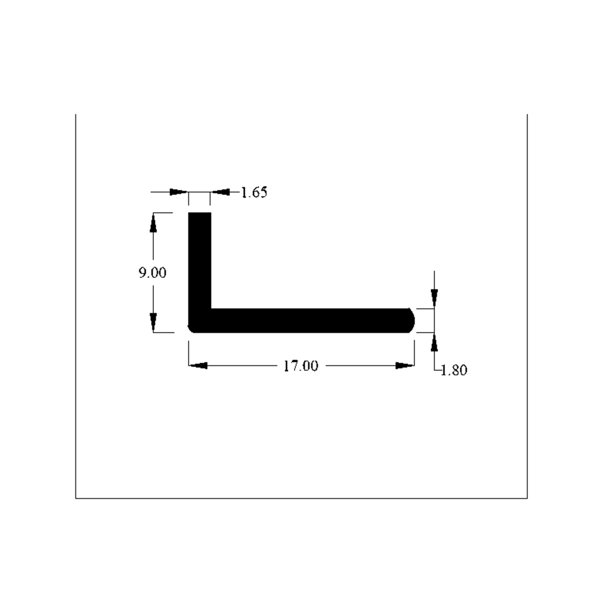 Cross-section diagram of angle rubber profile with printed mm dimensions