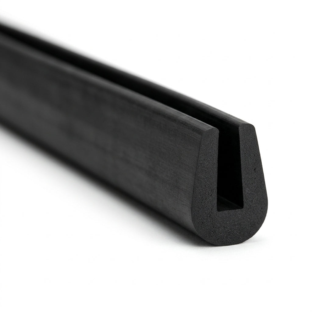 Black EPDM U-channel trim profile coiled, close-up view of rounded groove
