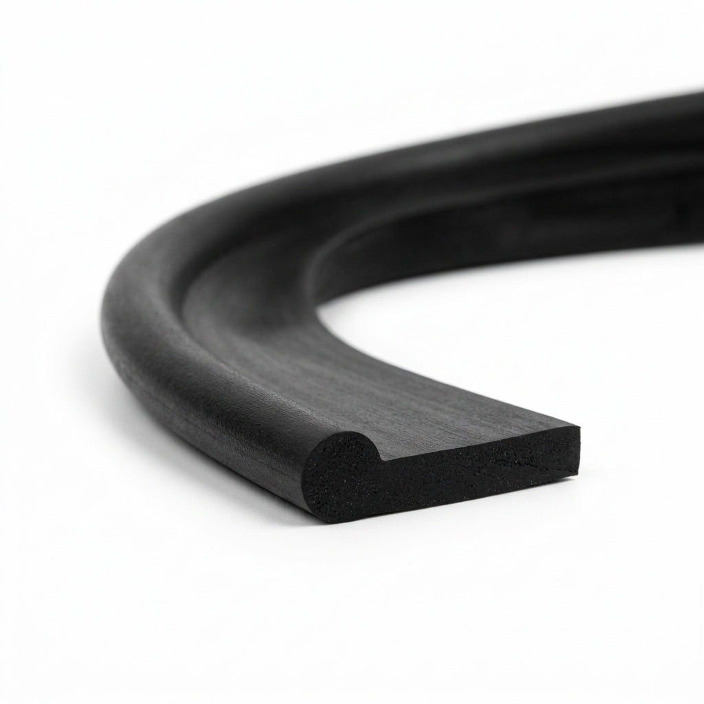 Black rubber extrusion curved into a loop, close-up studio shot