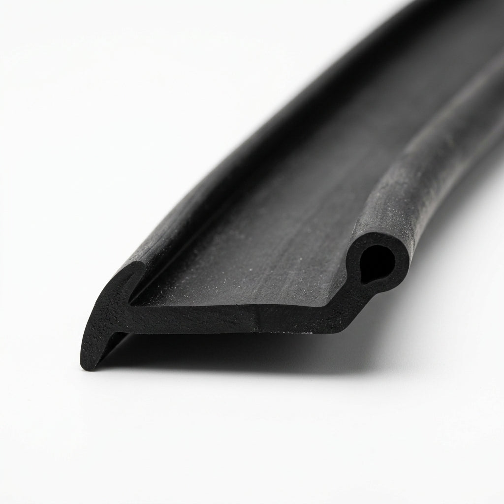 Black solid neoprene piping with a barbed fin and round bead, close-up on the smooth cut end