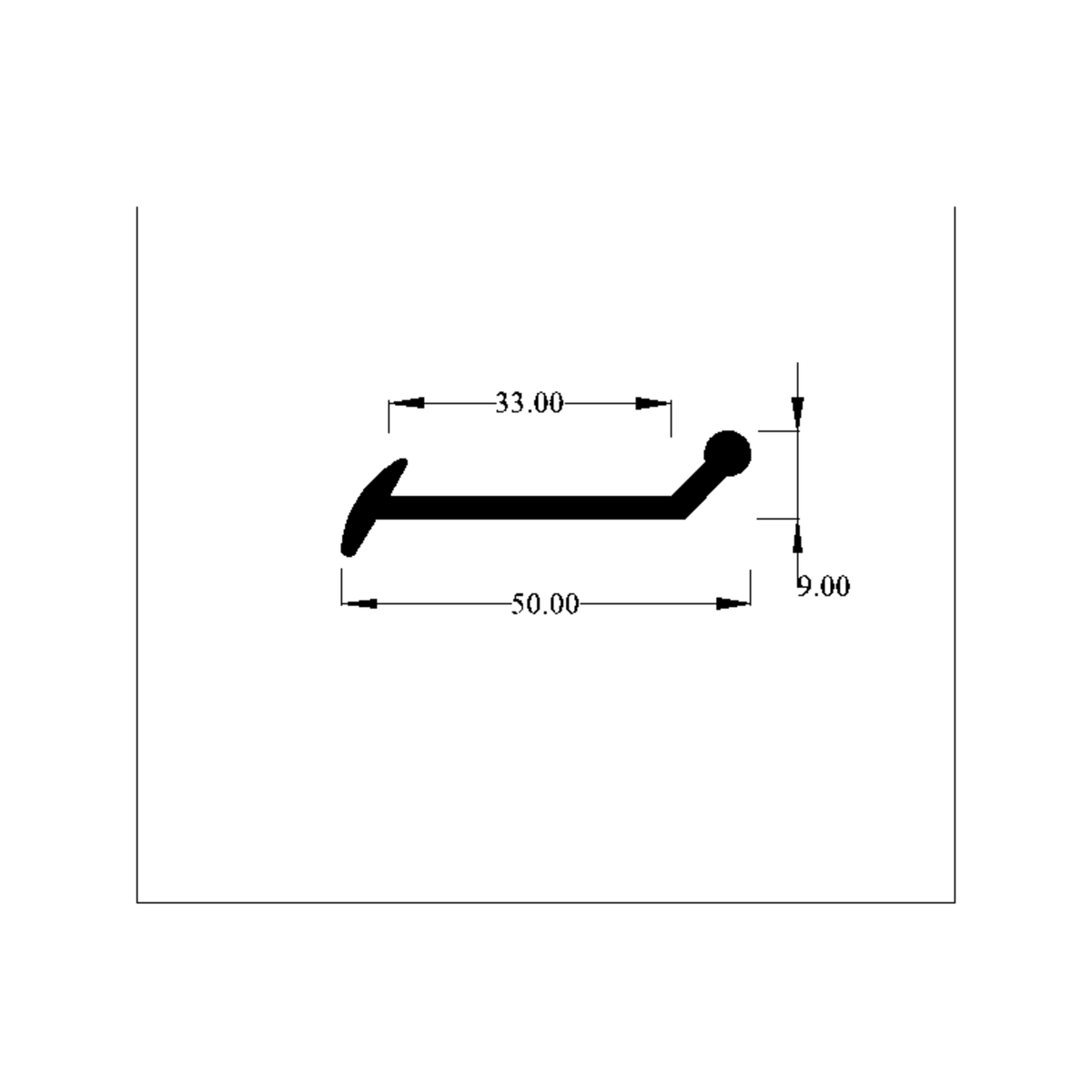 Dimensioned diagram of the barbed piping profile with 50mm, 33mm and 9mm measurements
