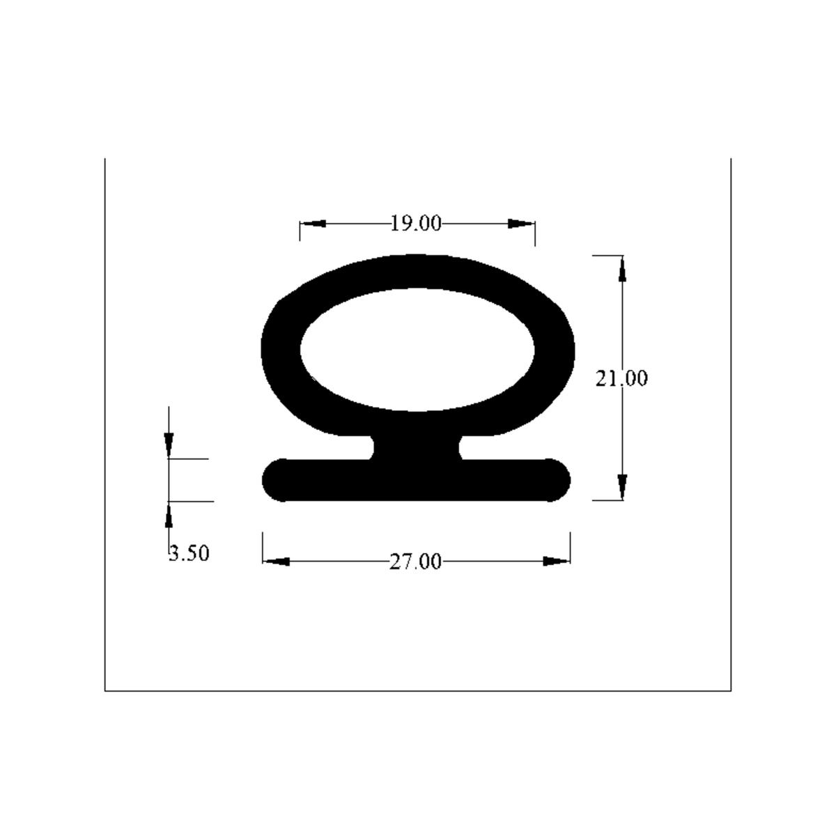 Cross-section diagram of bulb door seal, 27.00mm x 21.00mm, foot 3.50mm