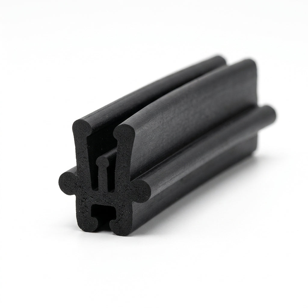 Black rubber T section extrusion with side slot channels, angled studio shot