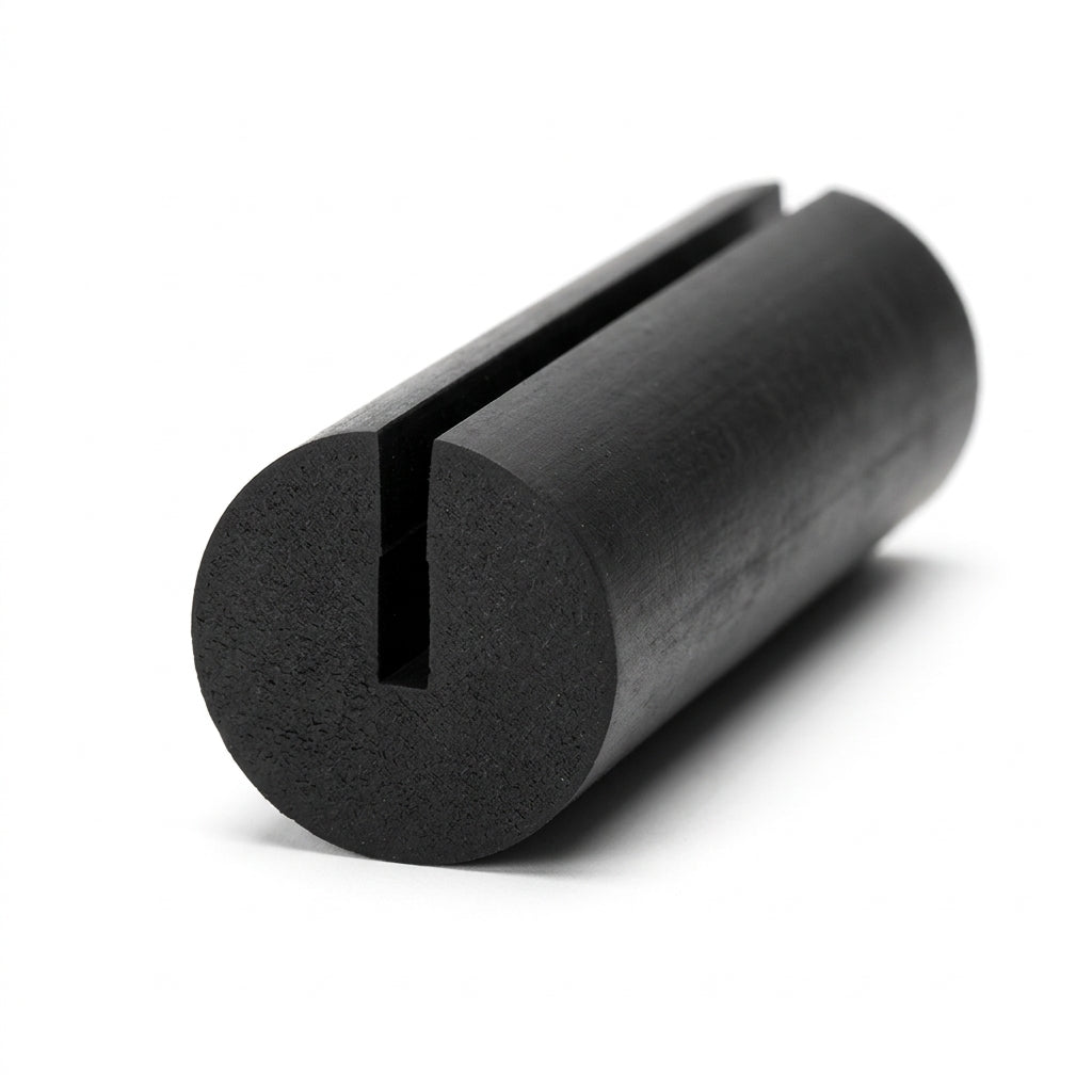 Black EPDM round U-channel profile, angled view of cylindrical section with axial slot
