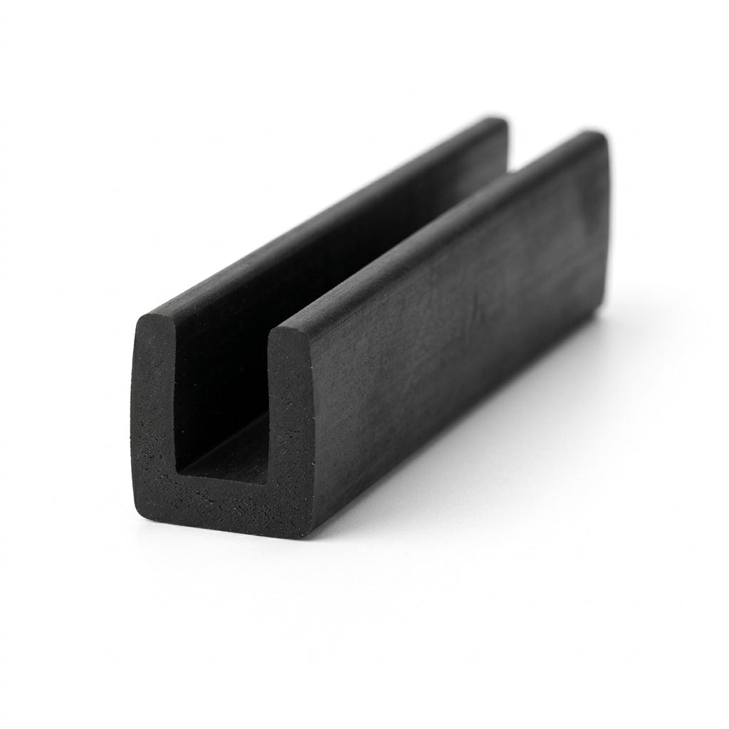 Black EPDM U-channel profile standing upright, plain white background shot of square-ended block