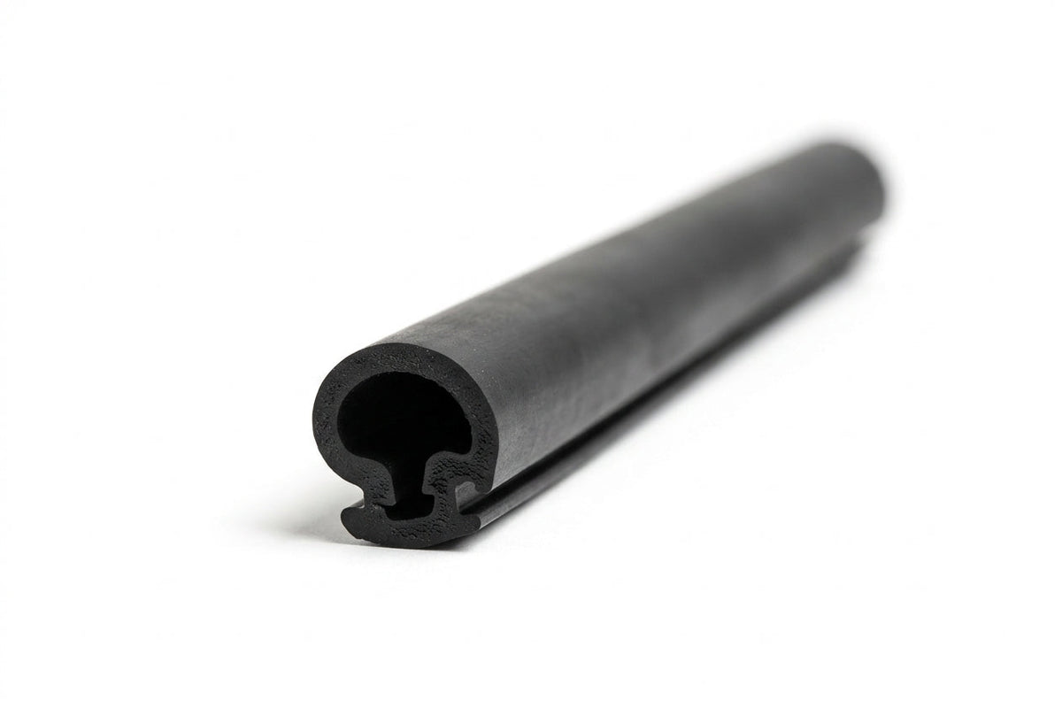 Black rubber A-post seal shown as a coiled length with hollow bulb profile