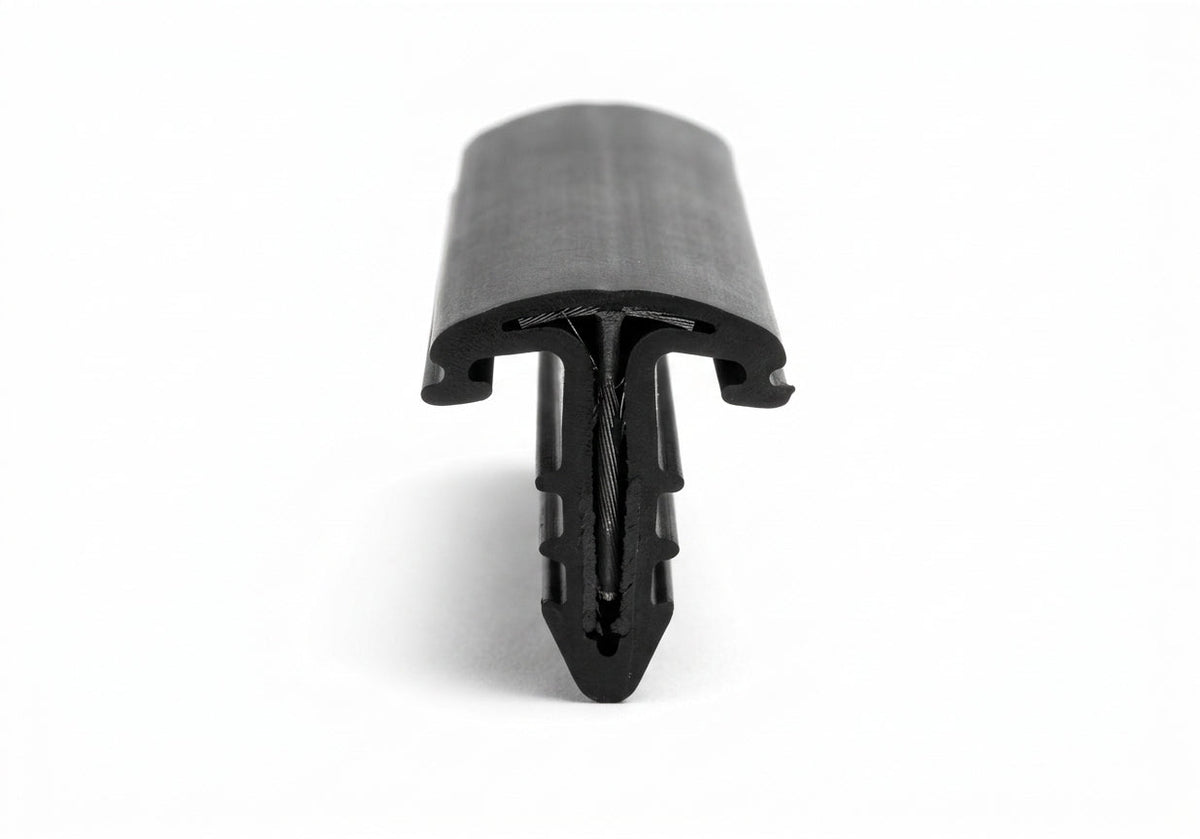 Black rubber A-post seal profile, T-shaped end-on view on white background