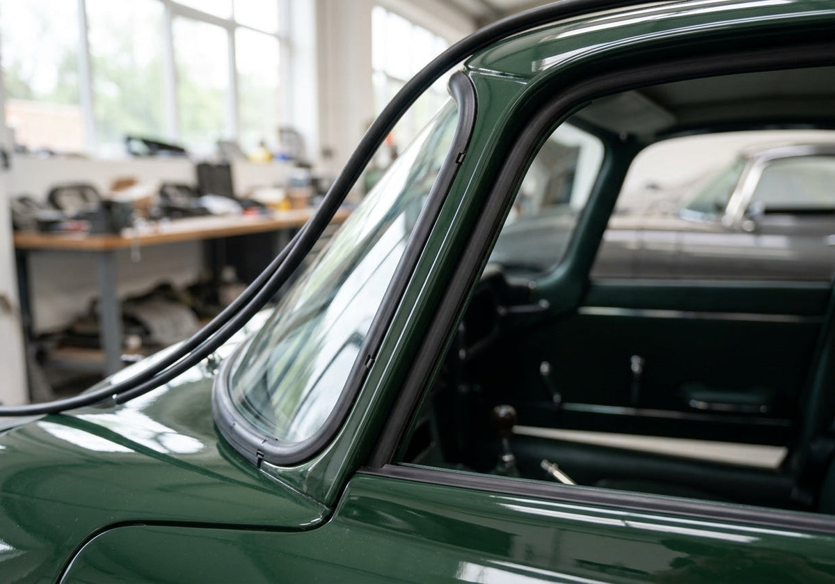 A-post seal fitted along windscreen frame of a green classic Jaguar E-Type