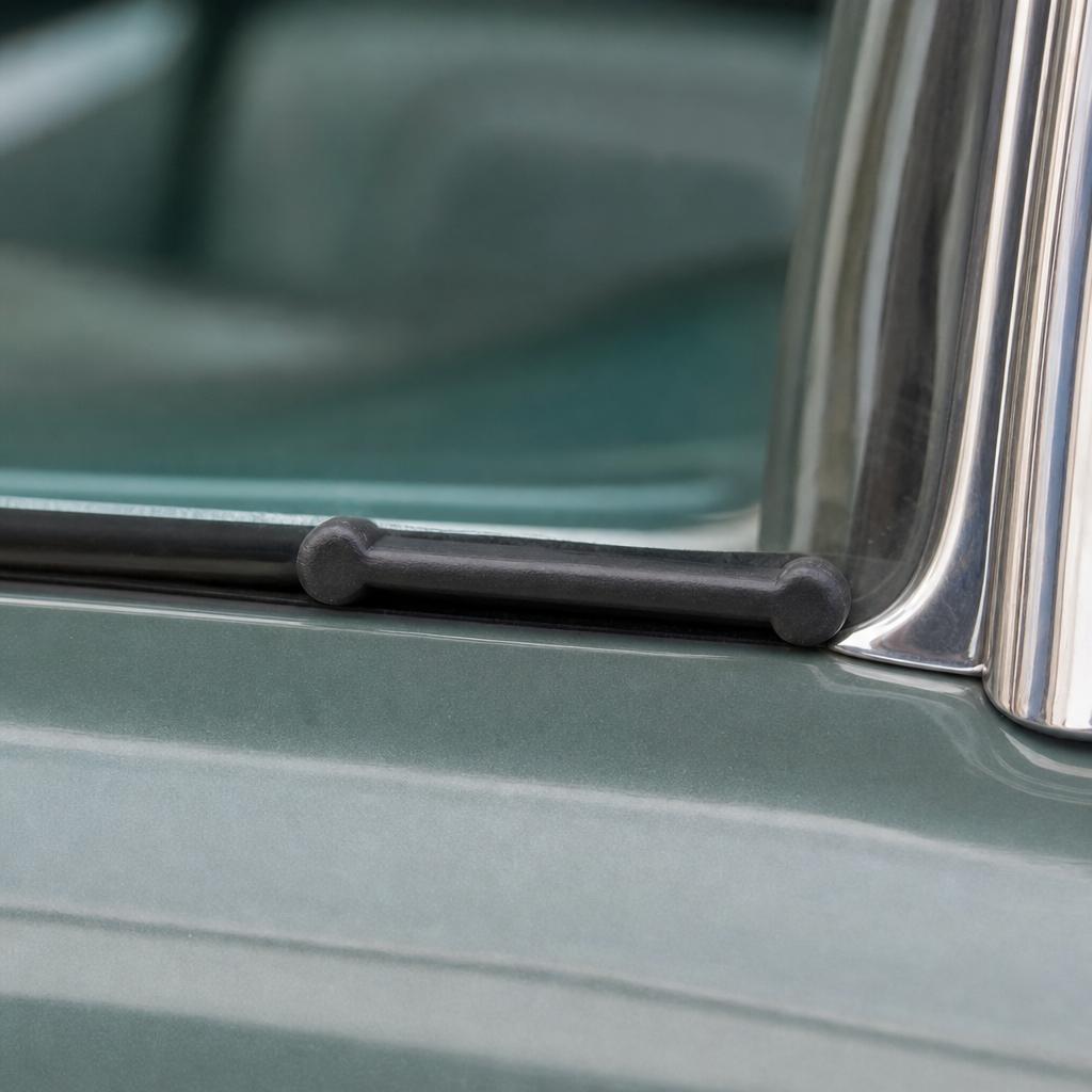Double ended piping fitted along a green classic car's window trim edge