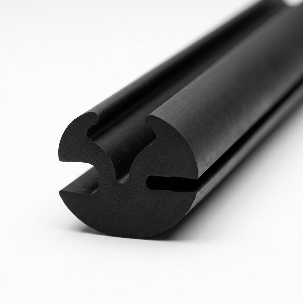 Black rubber glazing section shown end-on with twin channels, studio shot