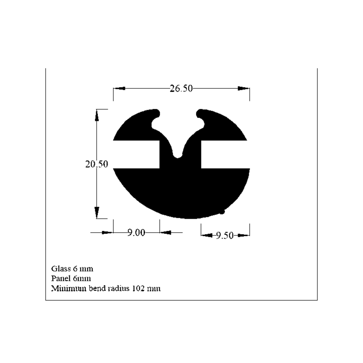 Cross-section diagram of the weatherstrip, 26.50mm x 20.50mm dimensions marked