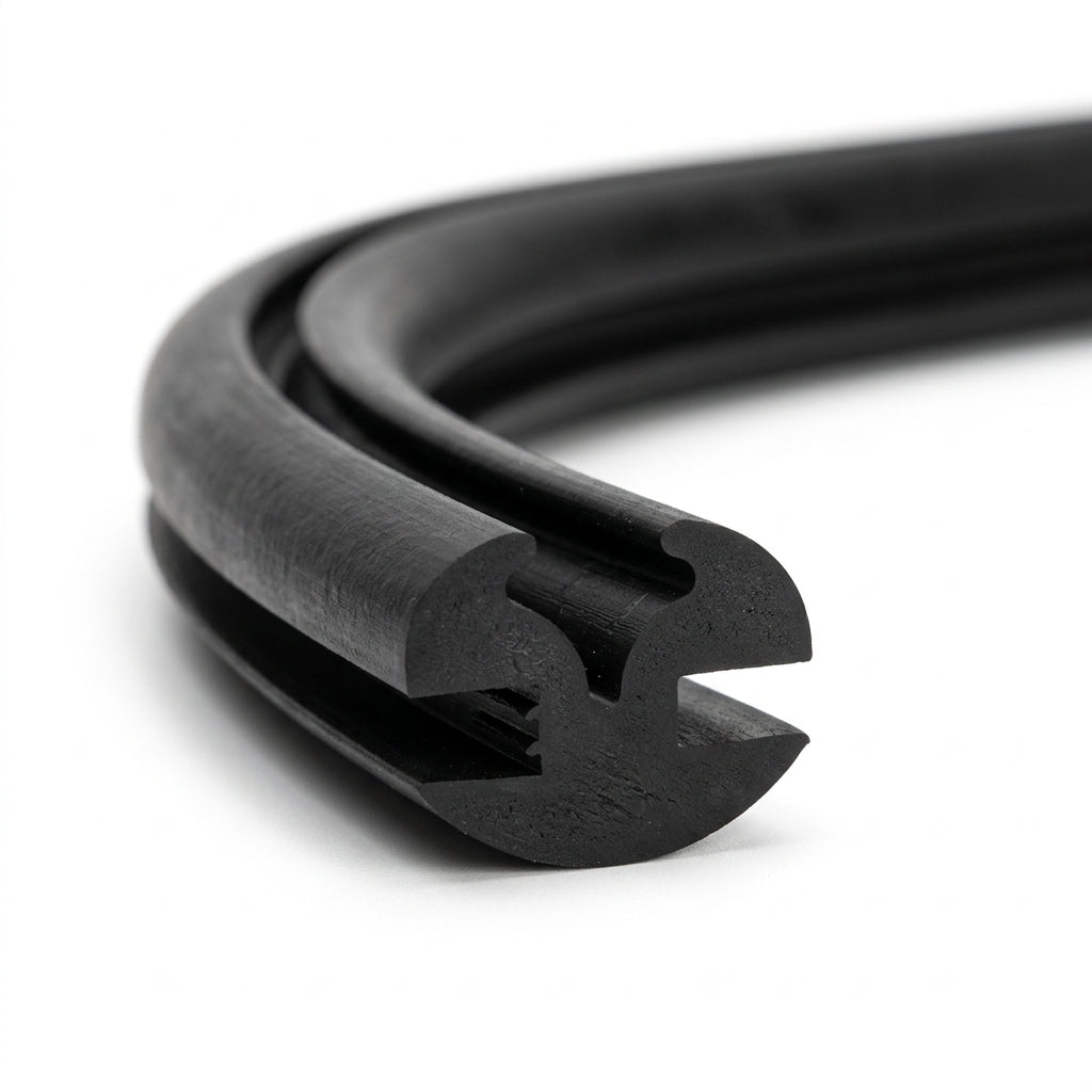 Coiled length of black rubber weatherstrip showing twin-bulb glazing channel