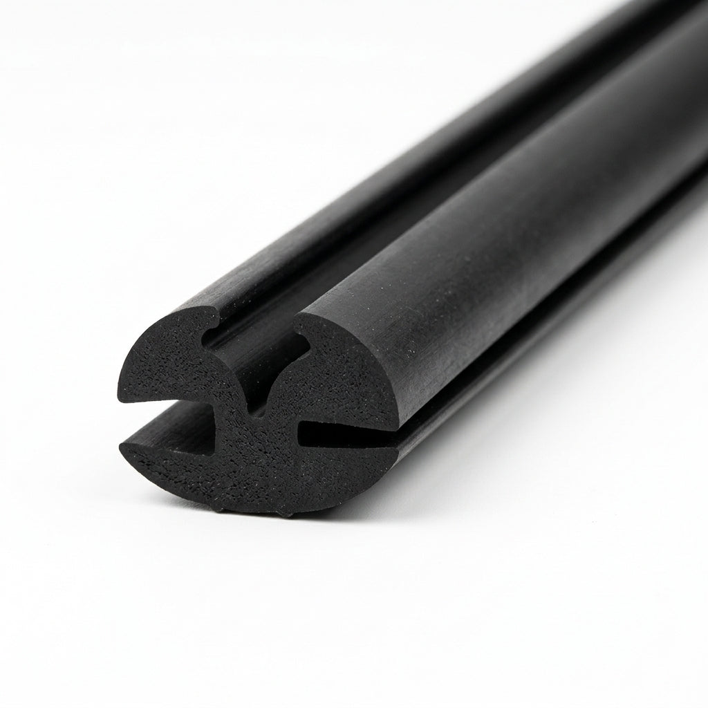 Black EPDM weatherstrip shown end-on, dual ribbed channel profile close-up