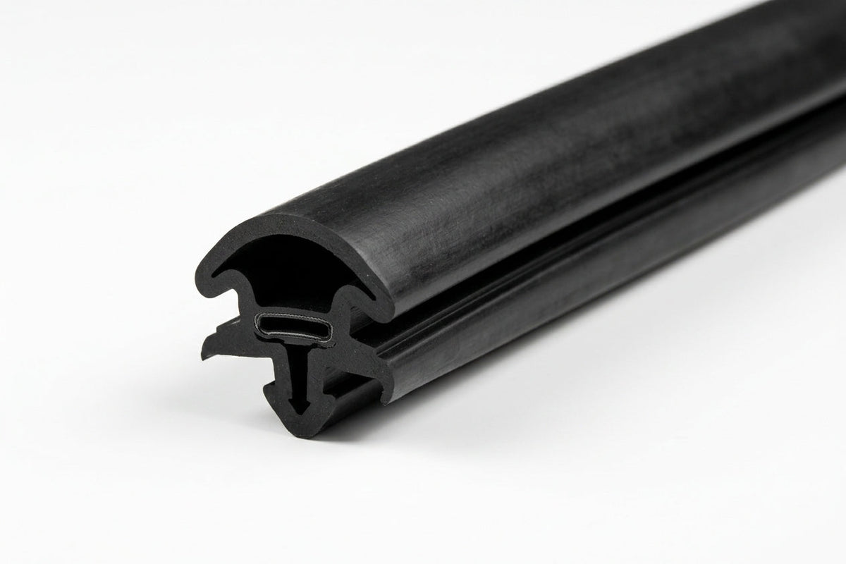 Black windscreen seal length shown at an angle with a rounded bulb profile