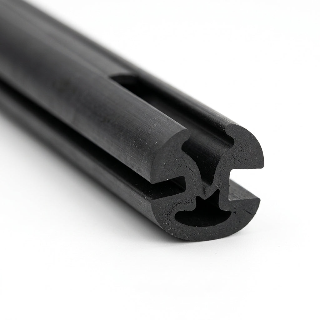 Black rubber weatherstrip length viewed end-on, twin glazing channels with centre web