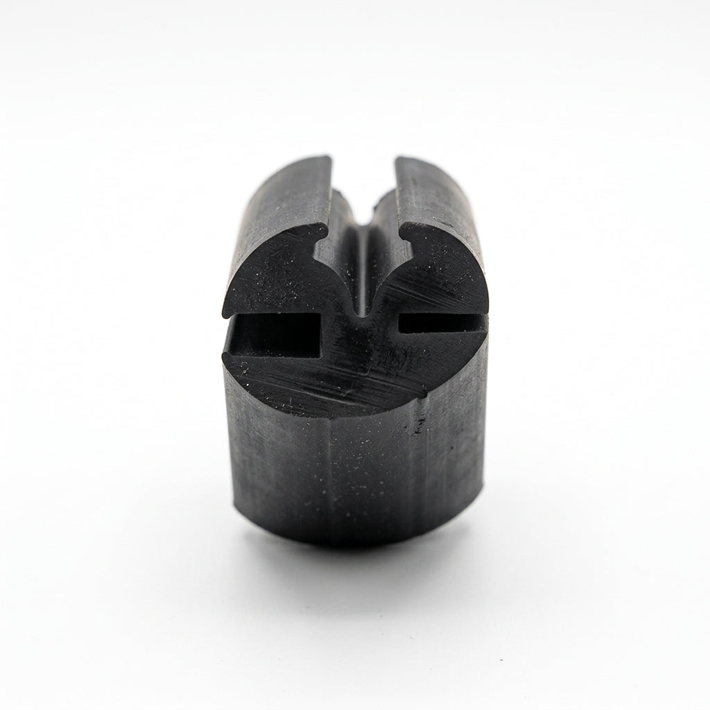 Black EPDM weatherstrip seal shown end-on, revealing its twin-channel profile
