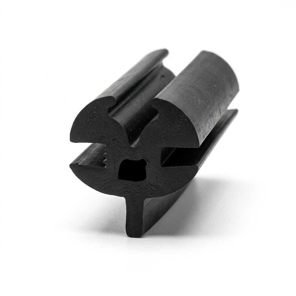 Angled end view of black rubber glazing seal with twin hollow bulbs