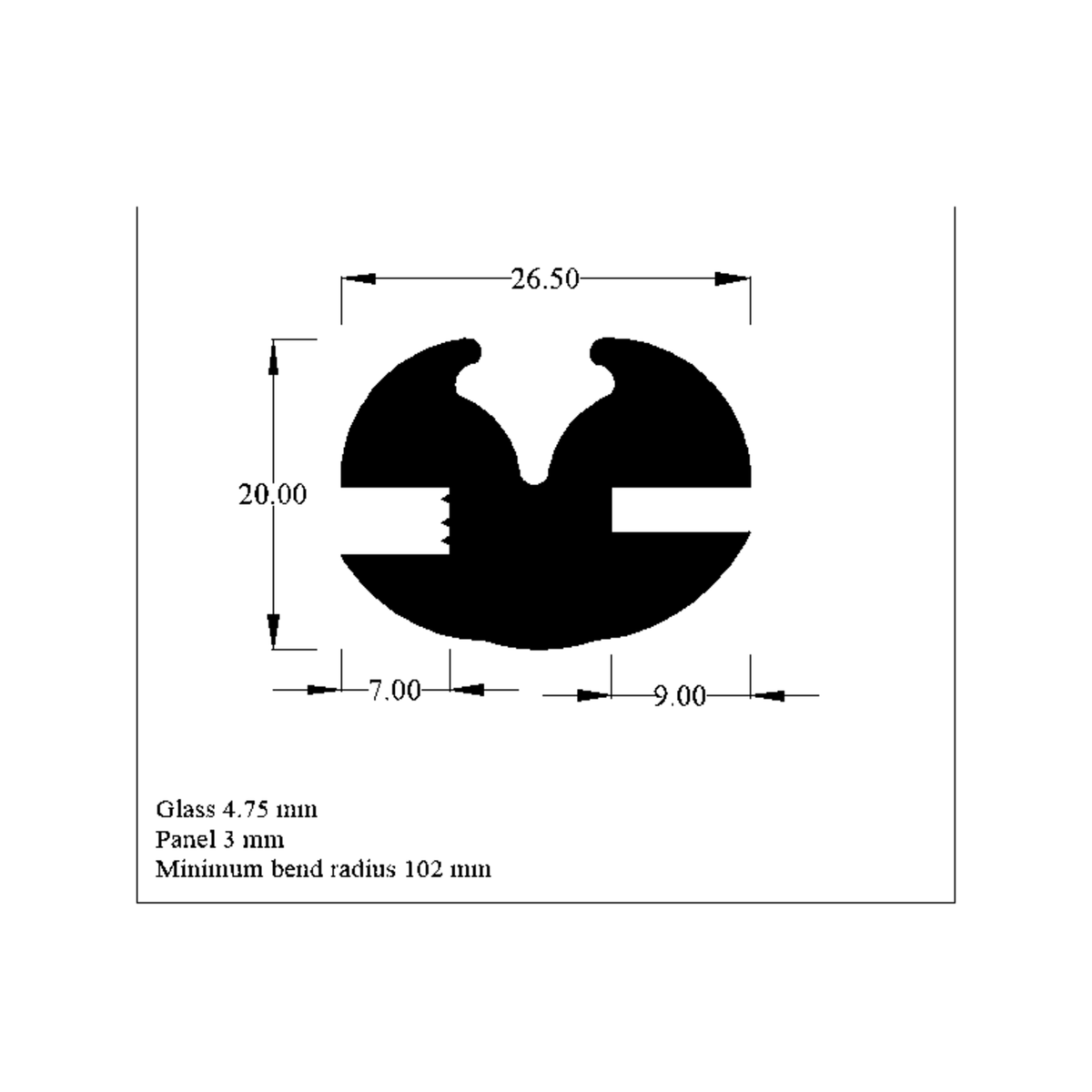 Cross-section diagram of twin-bulb glazing seal, 26.50mm x 20.00mm, with specs