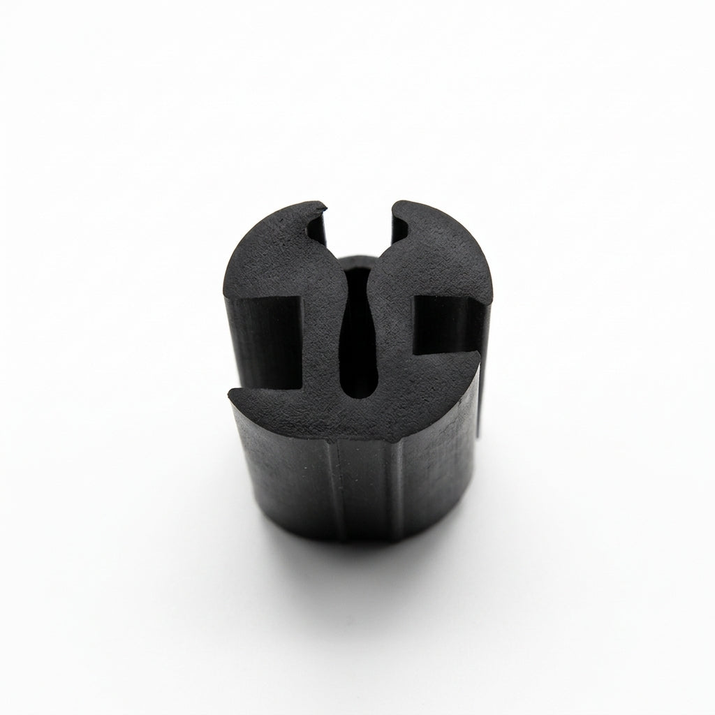 Straight-on end view of black rubber weatherstrip with twin glazing bulbs