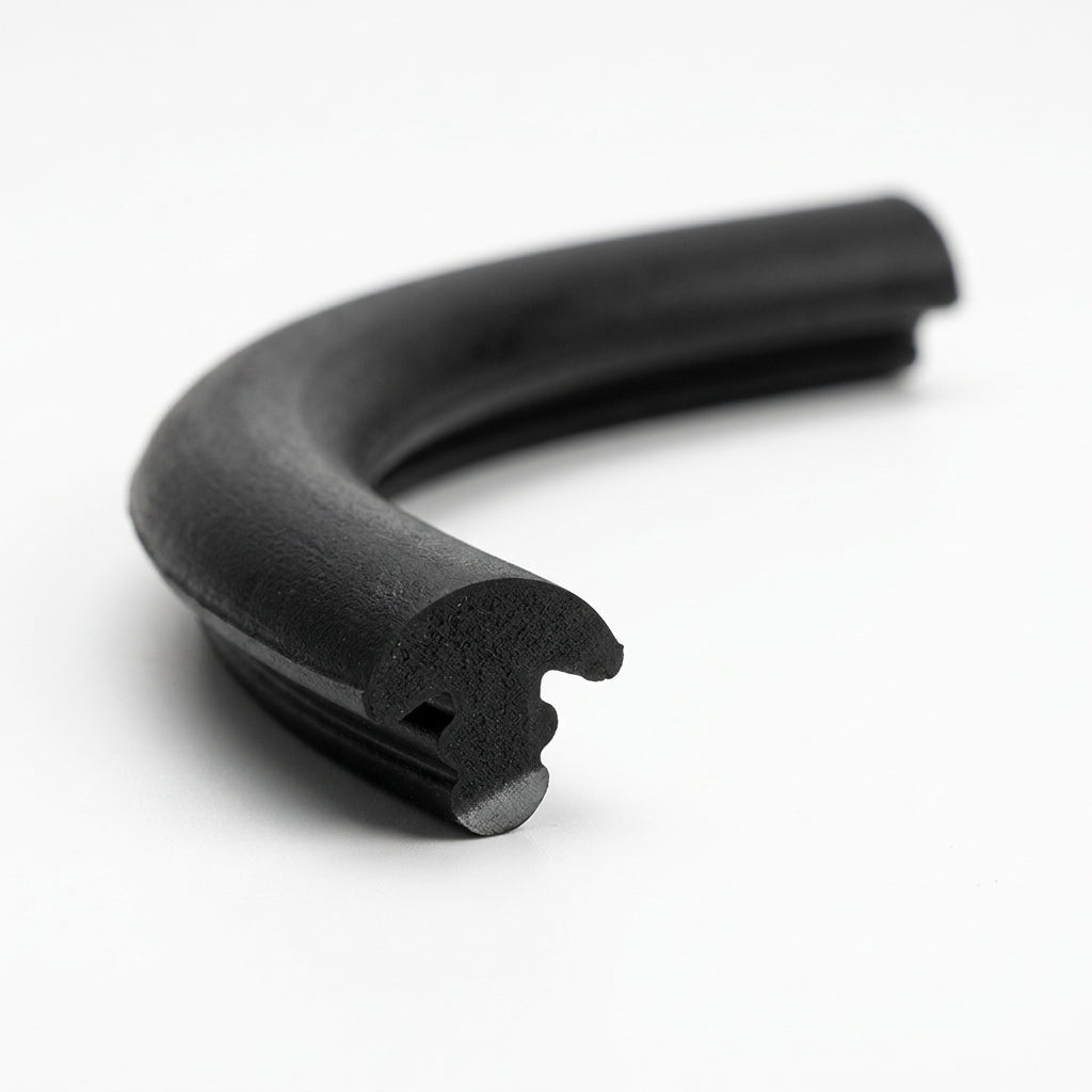 Curved length of black solid neoprene T-section, close-up on the notched retaining foot at the cut end