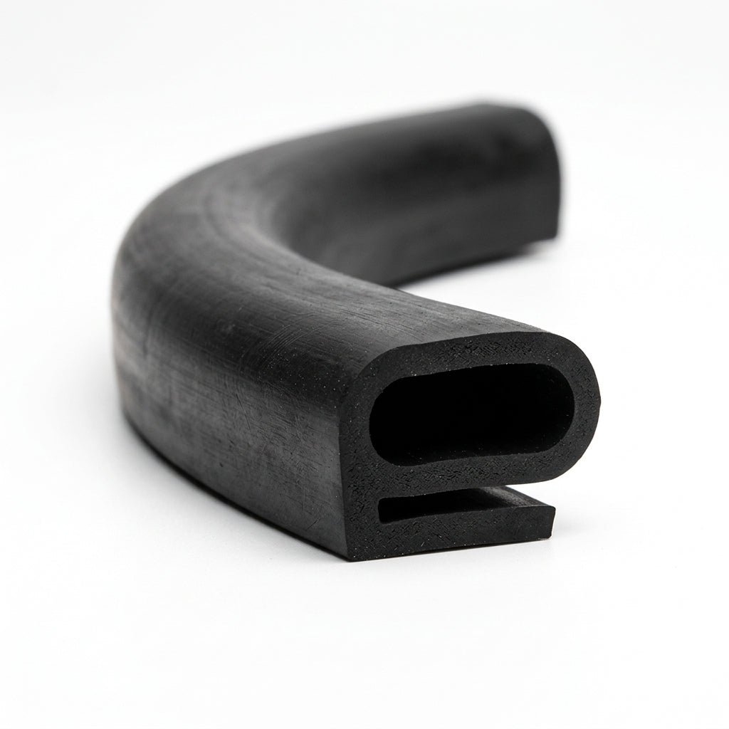 Curved length of black rubber hollow D-section with slotted flange