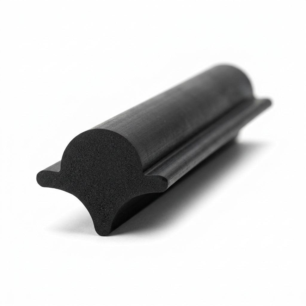 Black rubber locking strip with mushroom-cap profile, angled studio shot
