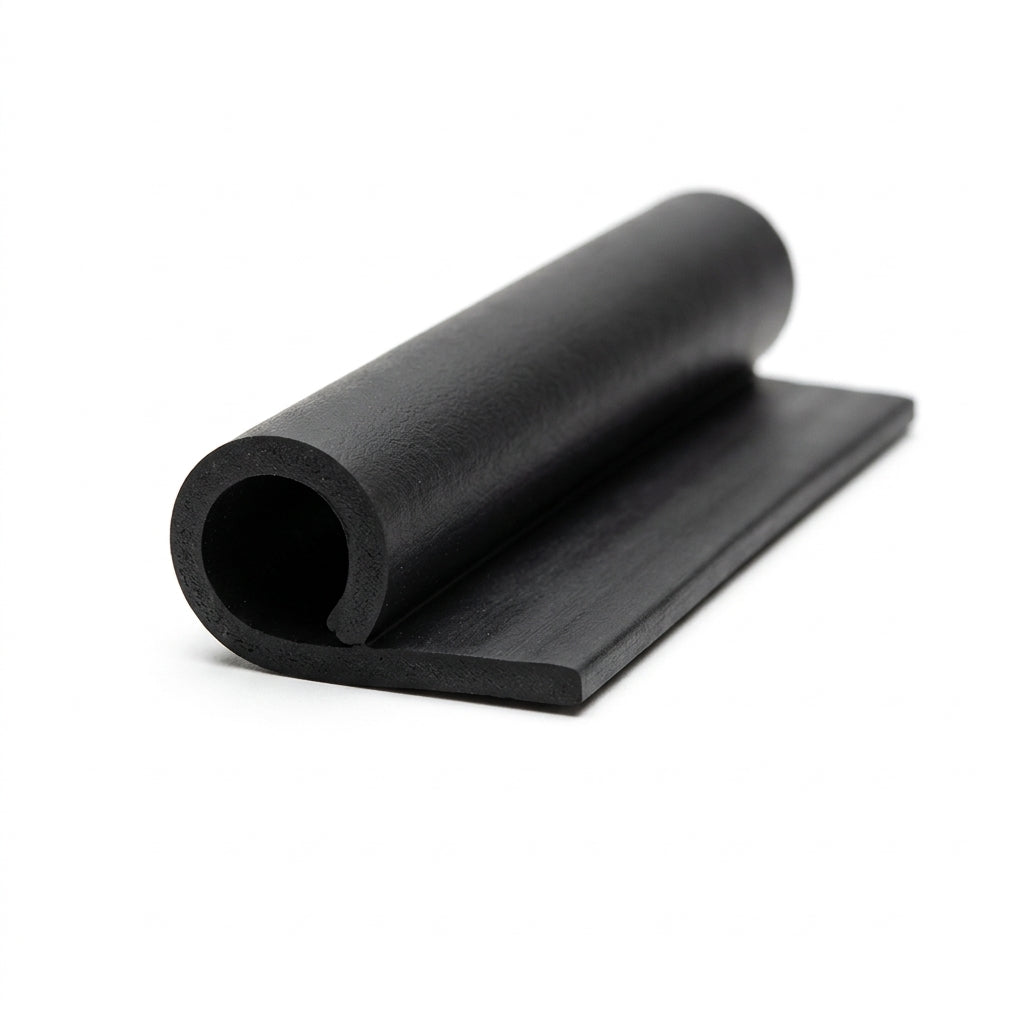 Black rubber tubular door seal with mounting flange, coiled on white