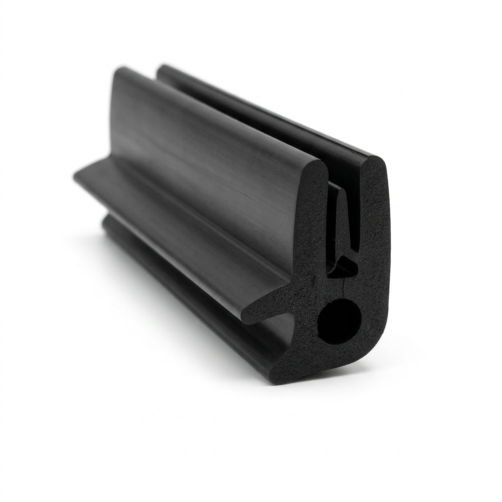 Black rubber boot seal cut length photographed at an angle, hollow bulb profile visible