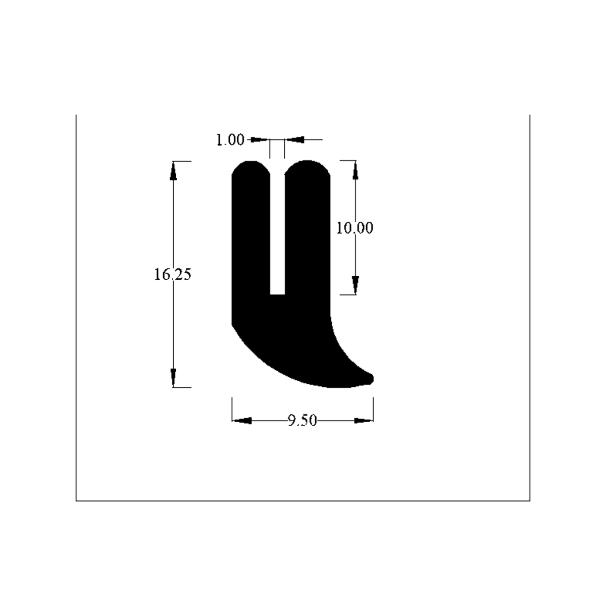Technical line drawing of the boot seal's U-shaped cross-section with dimensions