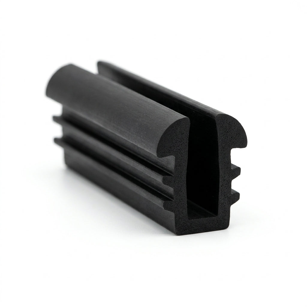 Black EPDM channel with ridged outer side grips, angled close-up on white background