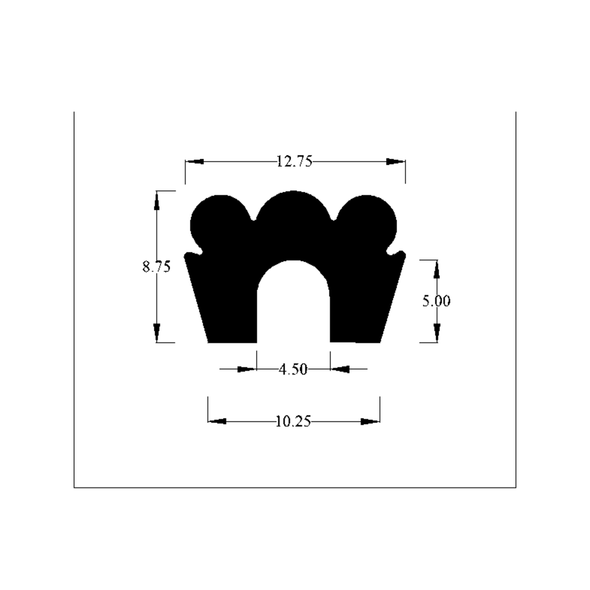 Technical diagram of triple-arch beading profile with 12.75, 8.75 and 10.25mm dimensions