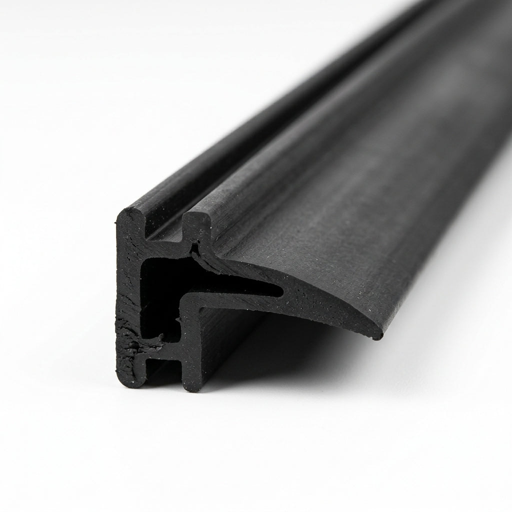 Black rubber flanged seal with curved bulb lip, angled length shot on white background