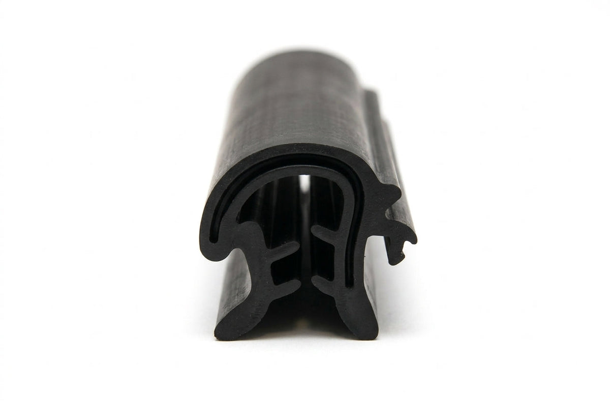Black rubber windscreen seal with clawed locking fins, upright end-on studio shot