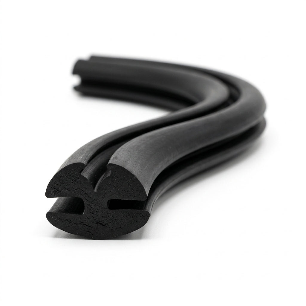 Black EPDM weatherstrip coiled in an S-shape, twin-bulb channel profile visible