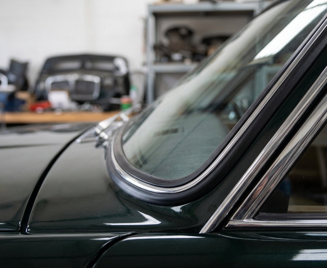 Windscreen seal fitted with chrome trim to a dark green classic Jaguar saloon