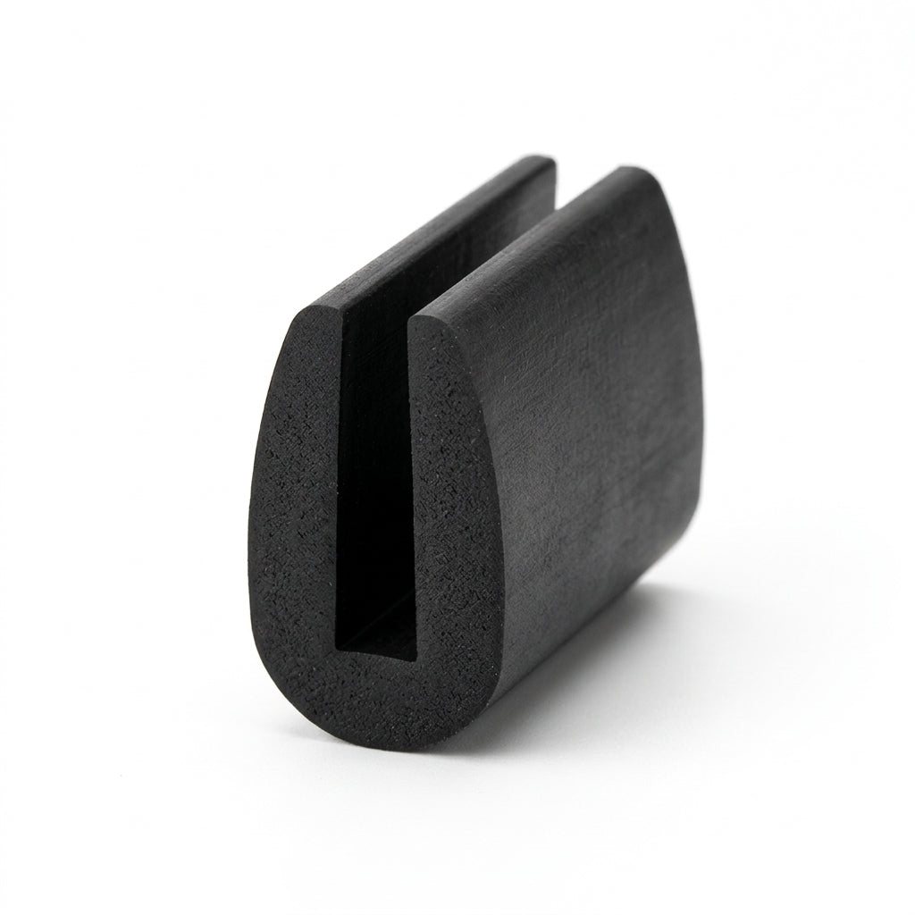 Black EPDM U-channel profile standing upright, plain white background shot of rounded block