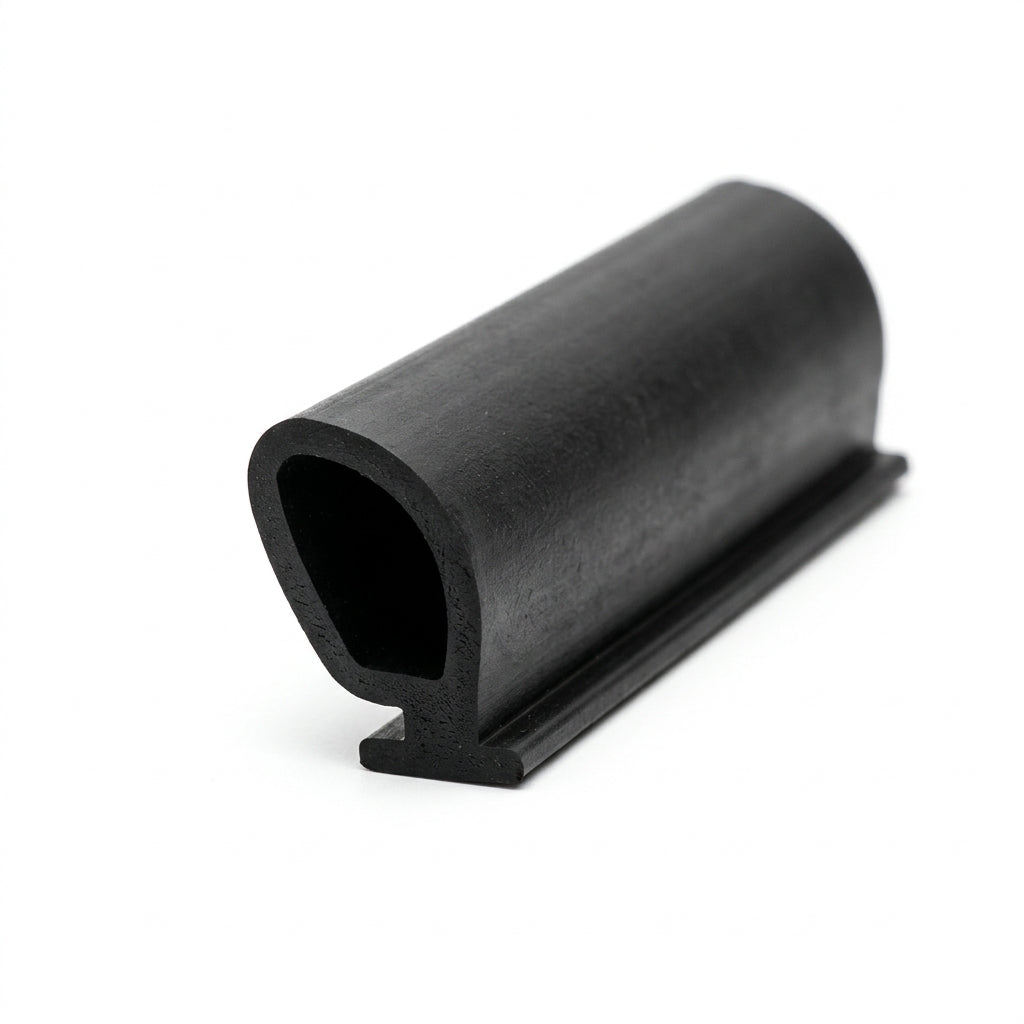 Black rubber door seal with hollow bulb and flat fixing foot, studio shot